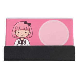 Pink Hair Cartoon Female Doctor Desk Accessary Business Card Holder
