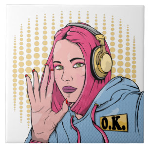 Pink Hair Comic Book Style Girl Ceramic Tile