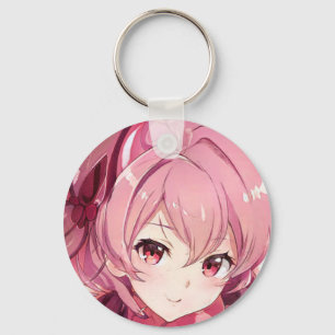 Pink hair girl pink eyes smiling anime manga keychain