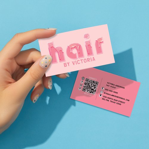 Pink Hair Glitter Drips Typography Stylist Salon Business Card