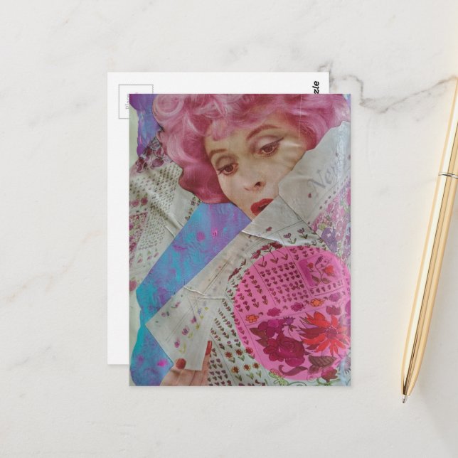 Pink Hair Lady Mixed Media Collage Postcard (Front/Back In Situ)