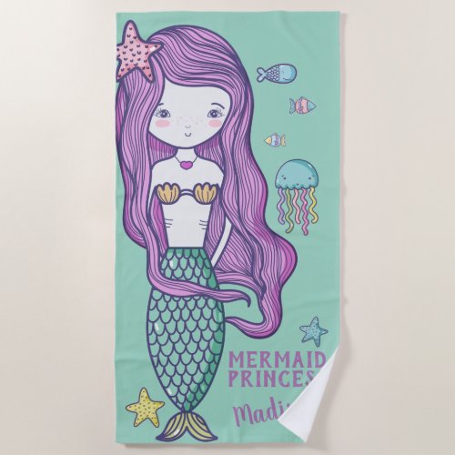 Pink Hair Mermaid and Ocean Friends Personalized Beach Towel