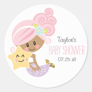 Pink Hair Mermaid Baby Shower Stickers Dark Skin
