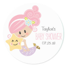 Pink Hair Mermaid Baby Shower Stickers Light Skin