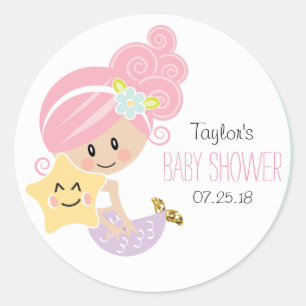 Pink Hair Mermaid Baby Shower Stickers Light Skin