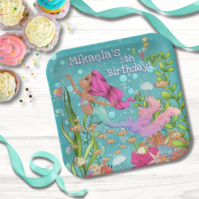 Pink Hair Mermaid Swimming Under the Sea Birthday Paper Plates (Creator Uploaded)
