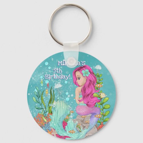 Pink Hair Mermaid Under the Sea Birthday Favor Keychain