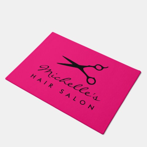 Pink hair salon doormat with barber scissors logo