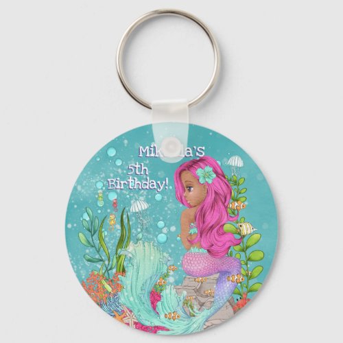 Pink Hair Tan Mermaid Under the Sea Birthday Favor Keychain