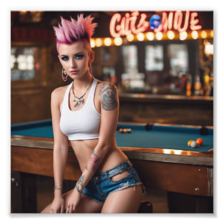 Pink Hair Tattoo Punk Pool Bar Girl in Torn Denim Photo Print