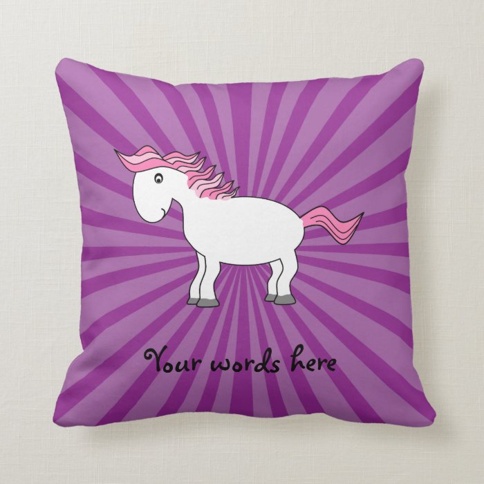 Pink hair white horse with purple sunburst throw pillow