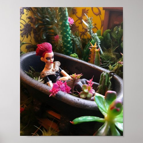 Pink Haired Doll in a Rusty Bathtub in the Desert Poster