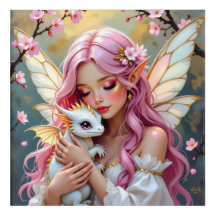 Pink Haired Fairy and White Baby Dragon  
