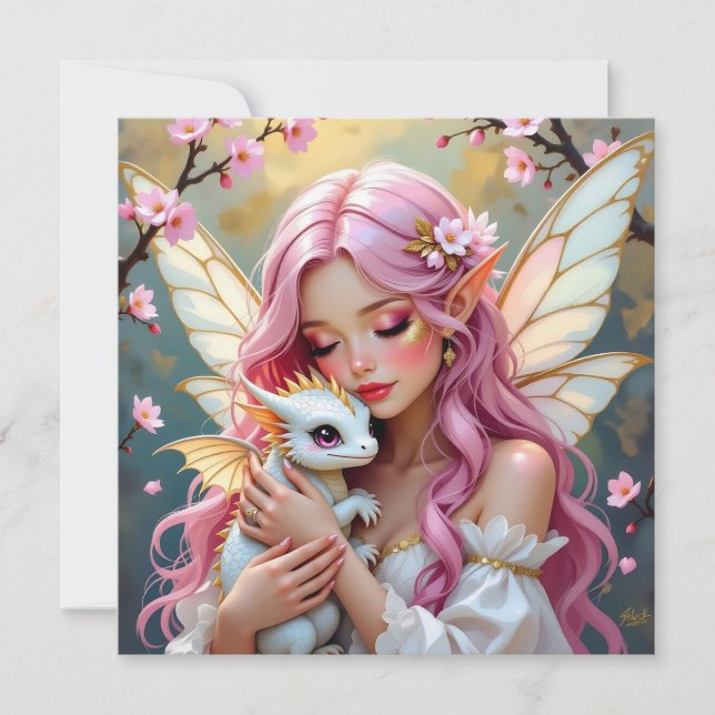 Pink Haired Fairy and White Baby Dragon Blank Card (Front)