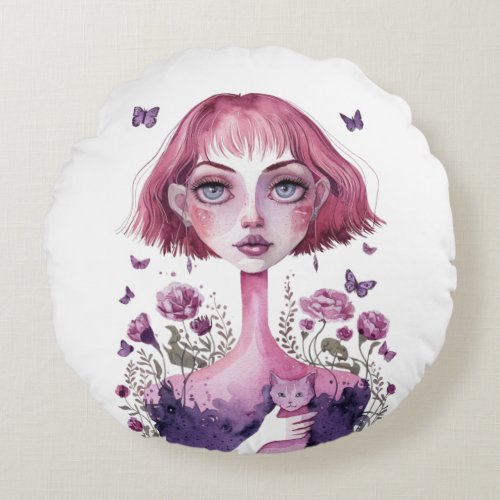 Pink_Haired Girl with Cat Round Pillow