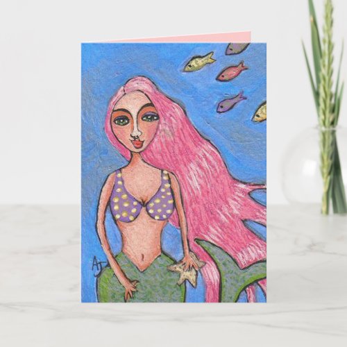 Pink_haired Mermaid  Fishies _ greeting card