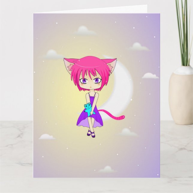 Pink Haired Neko Anime Girl, Greeting Card (Front)