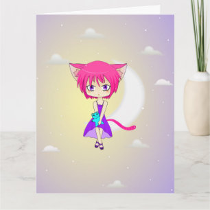 Pink Haired Neko Anime Girl, Greeting Card
