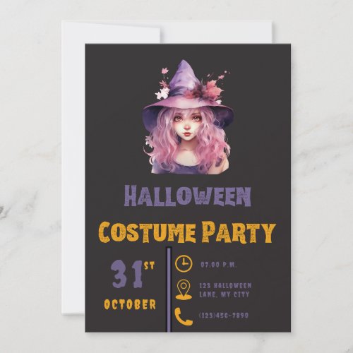 Pink Haired Witch Purple Hat Black Halloween Invitation