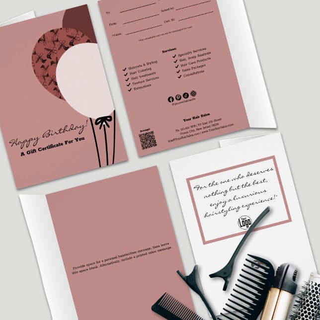 Pink Hairstylist Happy Birthday Gift Certificate (Pink Hairstylist Happy Birthday Gift Certificate, Professional SMB Services, QR Code, Logo,  )