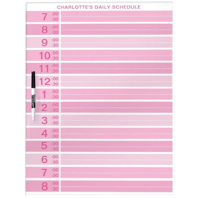 Pink Half Hour Girl Schedule Custom Daily Planner Dry Erase Board (Front)