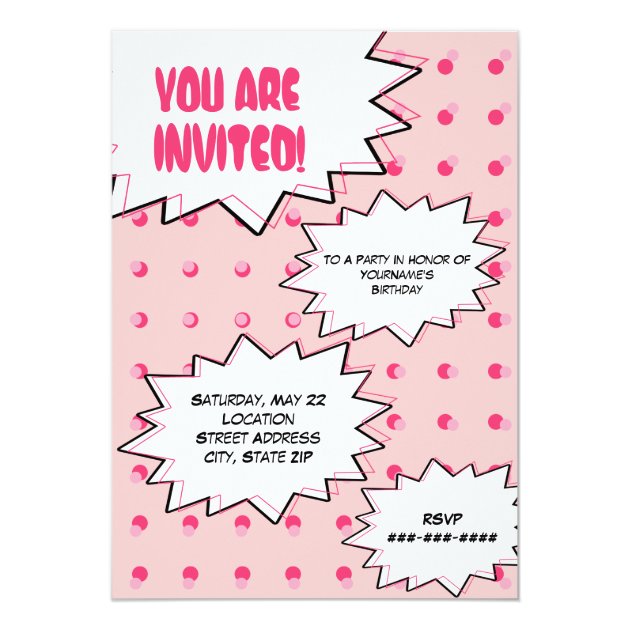 Pink Halftone Pop Art Comic Inspired Birthday Invitation