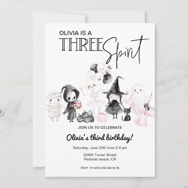 Pink halloween 3rd birthday Three spirit Invitation (Front)