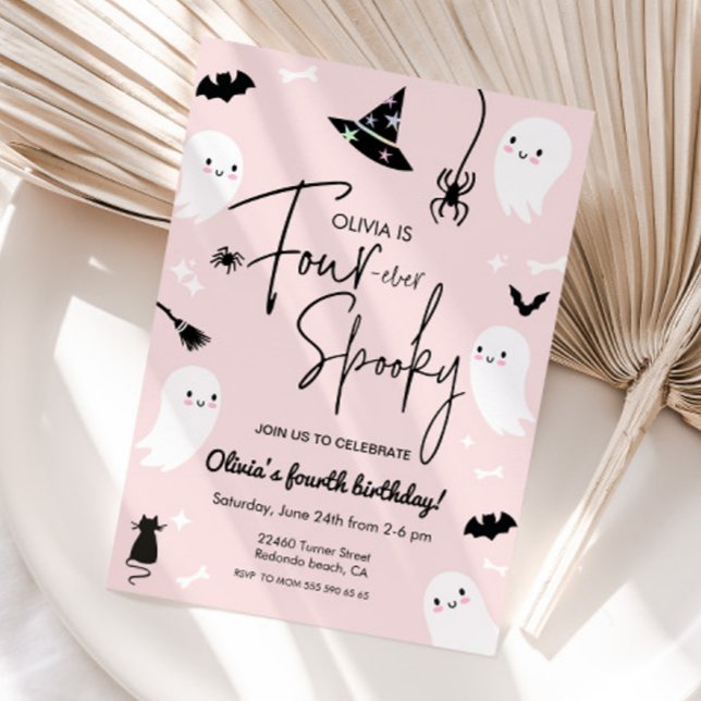 Pink Halloween 4th  birthday Four-ever spooky Invitation (Four ever spooky, 4th birthday halloween invitaiton)