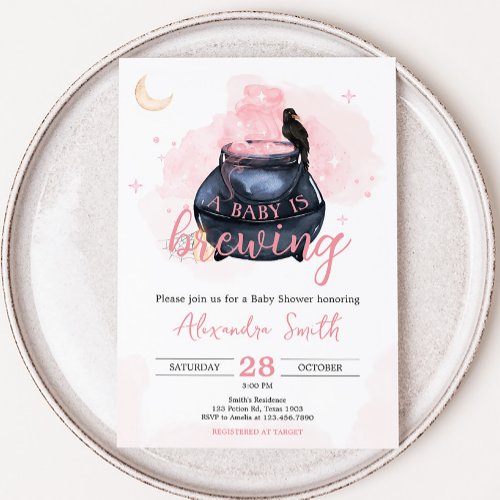 Pink Halloween A Baby is Brewing Baby Shower Invitation