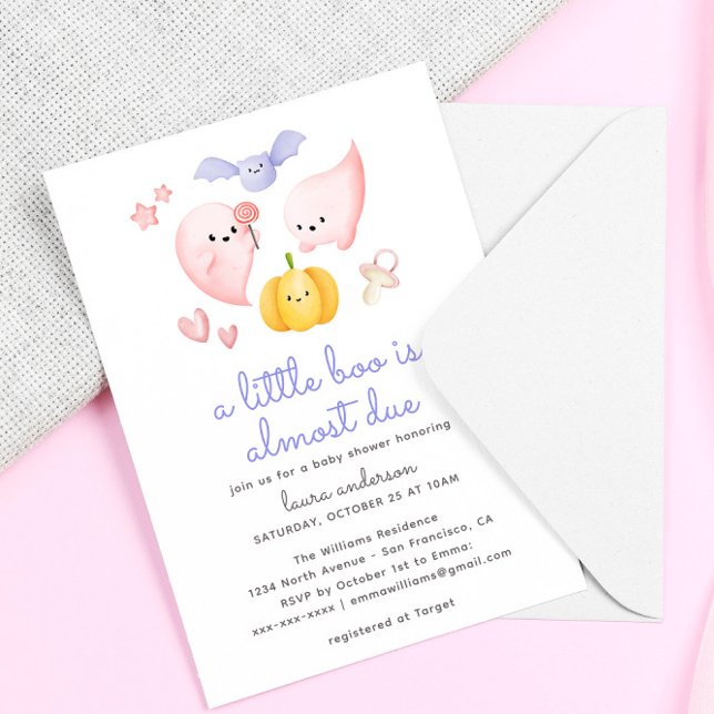 Pink Halloween A Little Boo Almost Due Baby Shower Invitation (a little boo is almost due cute pink halloween baby shower invitation)