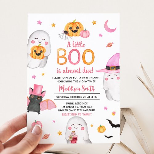 Pink Halloween A Little Boo Ghost Baby Shower Invitation