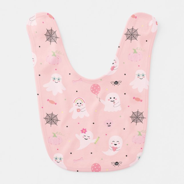 Pink Halloween Baby Bib Ghost October Baby (Front)