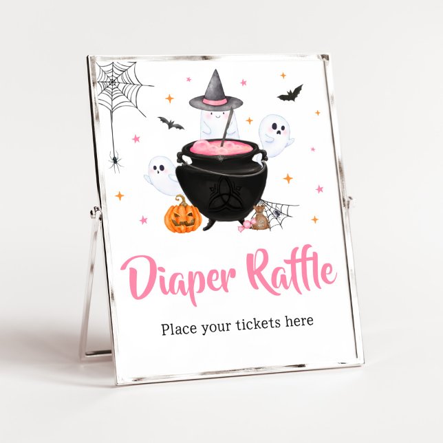 Pink Halloween Baby is Brewing Diaper Raffle Poster (Baby is Brewing Baby Shower Diaper Raffle Sign)