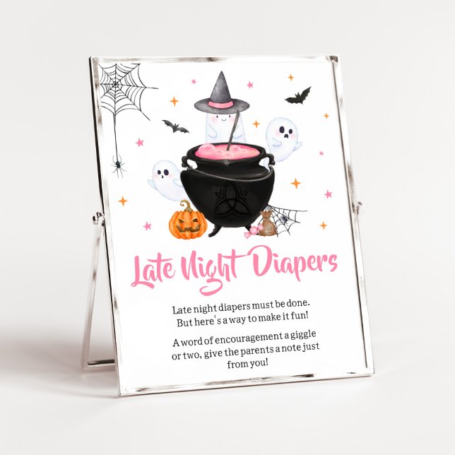 Pink Halloween Baby is Brewing Late Night Diapers Poster (Baby is Brewing Baby Shower Late Night Diapers Sign)