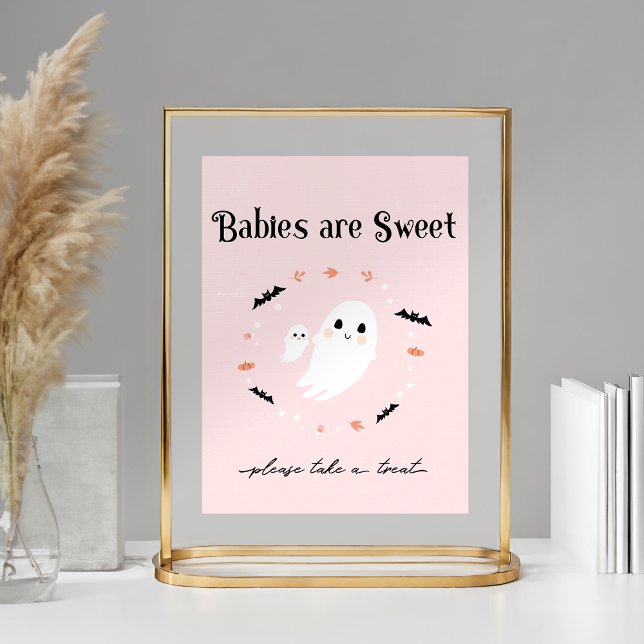 Pink Halloween Baby shower favor sign, Little Boo Poster (Pink Halloween baby showerFavor sign shown with 5x7 print in a gold frame)