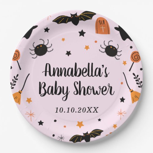 Pink Halloween Baby Shower Paper Plates