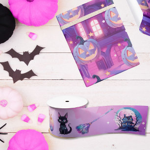 Pink halloween bewitched theme cat pumpkins broom satin ribbon
