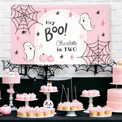 Pink Halloween Birthday Cute Ghost Hey Boo Banner