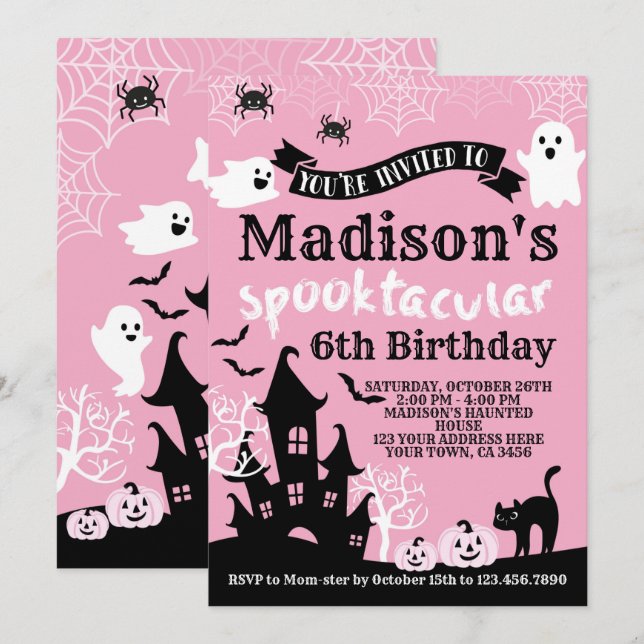 Pink Halloween Birthday Invitation (Front/Back)