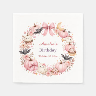 Pink Halloween Birthday Napkins Pumpkin