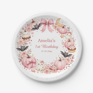 Pink Halloween Birthday Paper Plates Pumpkin