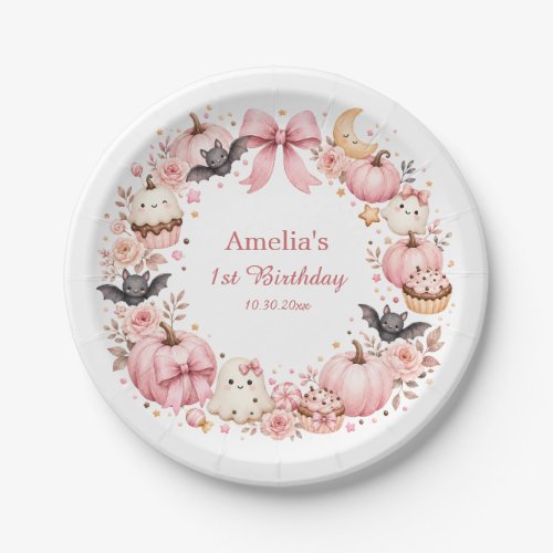 Pink Halloween Birthday Paper Plates Pumpkin