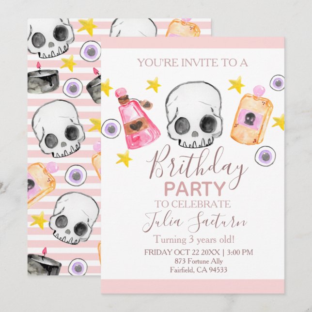Pink Halloween birthday party girl invitation (Front/Back)