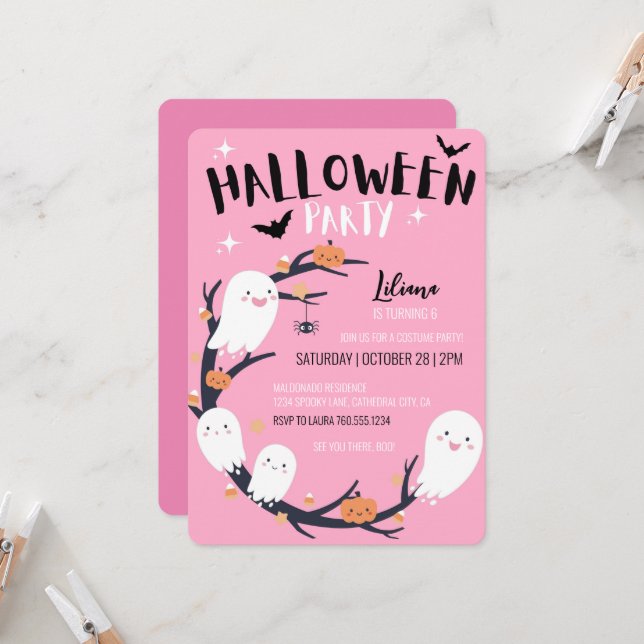 Pink Halloween Birthday Party Invitation (Front/Back In Situ)