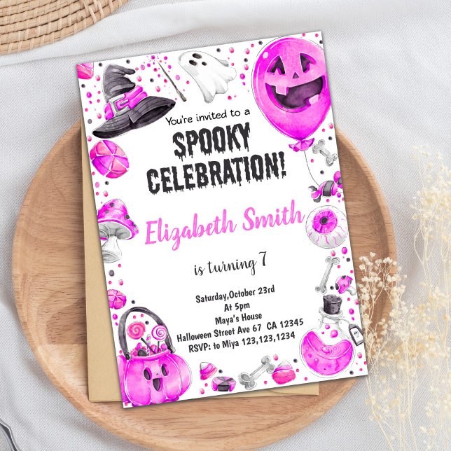 Pink Halloween Birthday Party Invitation for Girls (Pink Halloween Invitations)