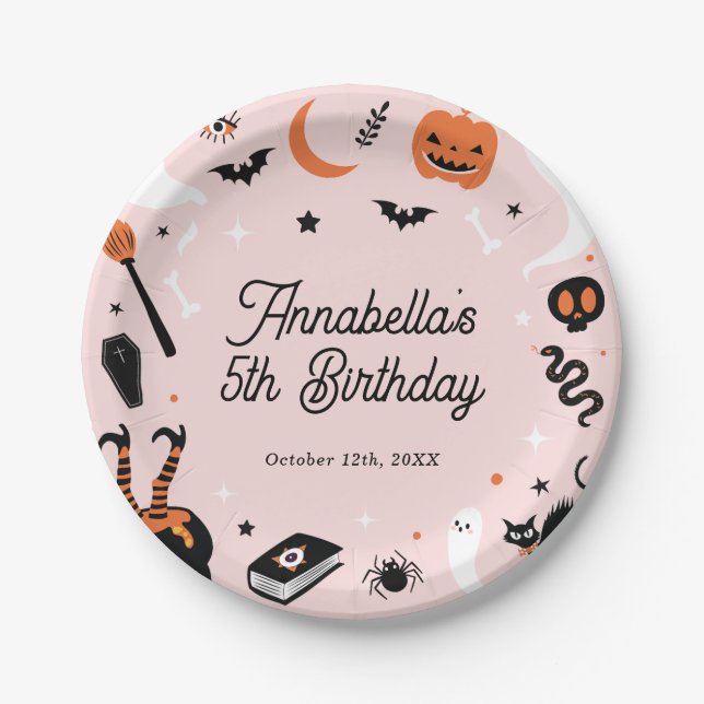 Pink Halloween Birthday Party Paper Plates (Front)