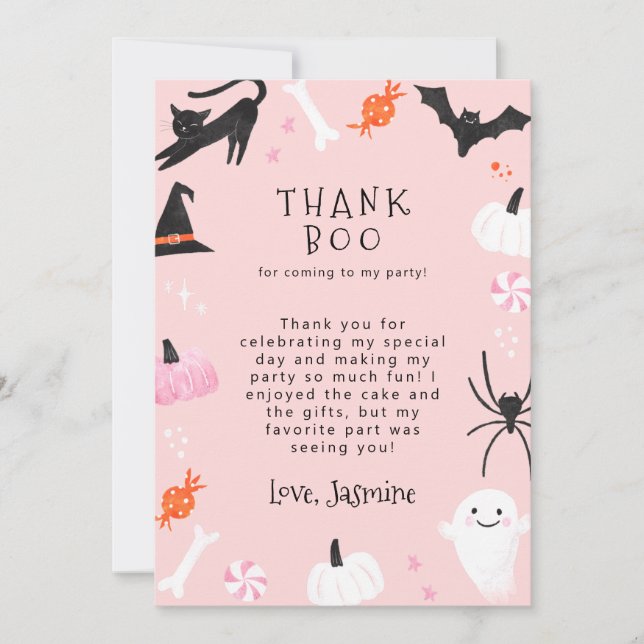 Pink Halloween Birthday Party Thank Boo Thank You Card (Front)