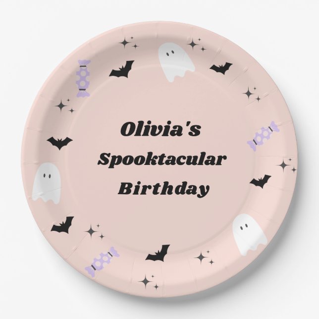 Pink Halloween Birthday Spooktacular Paper Plates (Front)