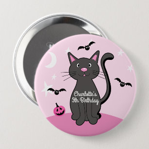 Pink Halloween Black Cat Birthday Girl Button
