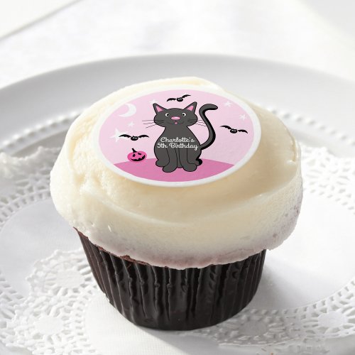 Pink Halloween Black Cat Birthday Girl  Edible Frosting Rounds